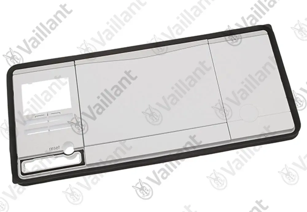 Gehäuseteil mit grauer Oberfläche und schwarzen Kanten, mit Tastenfeld und Reset-Option, geeignet für Vaillant Produkte der Modelle VWF 58, 88 und 118.
